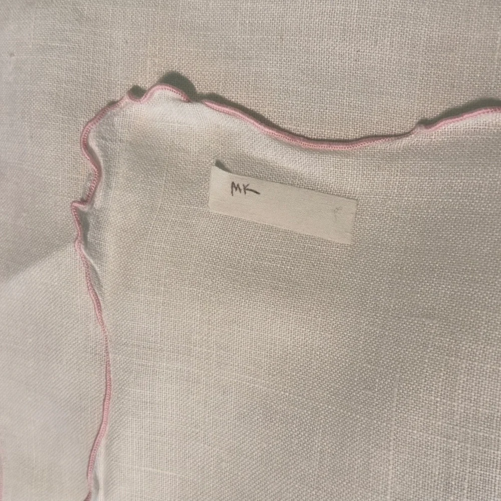 Vintage Linen Tablecloth White Pink Scalloped Edge 48x64 Cottagecore Farmhouse